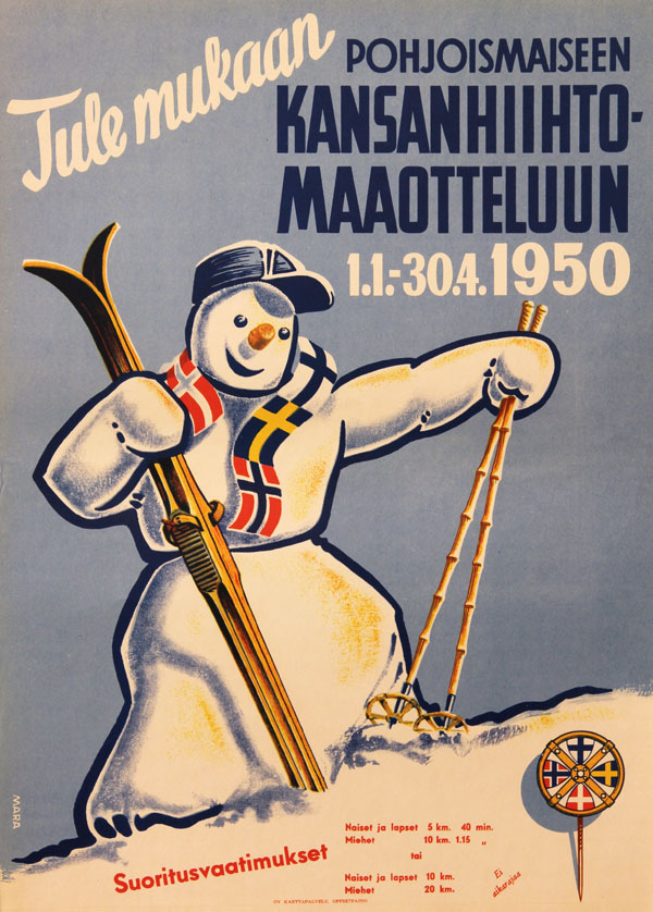 Julistekuvassa lumiukko suksien ja sauvojen kanssa sekä teksti "Tule mukaan pohjoismaiseej kansanhiihtomaaotteluun 1.1.-30.4.1950. Kuva; Urheilumuseo, julistekokoelma.